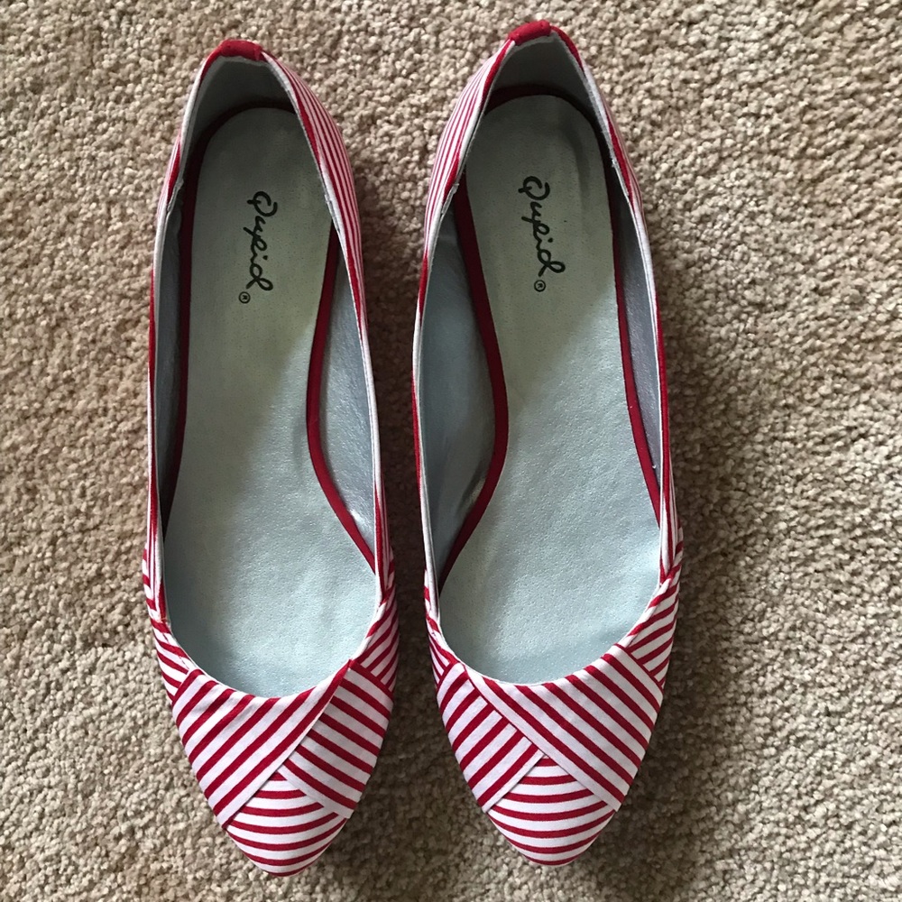 Qupid Red & White Striped Pointed-Toe Ballet Flats